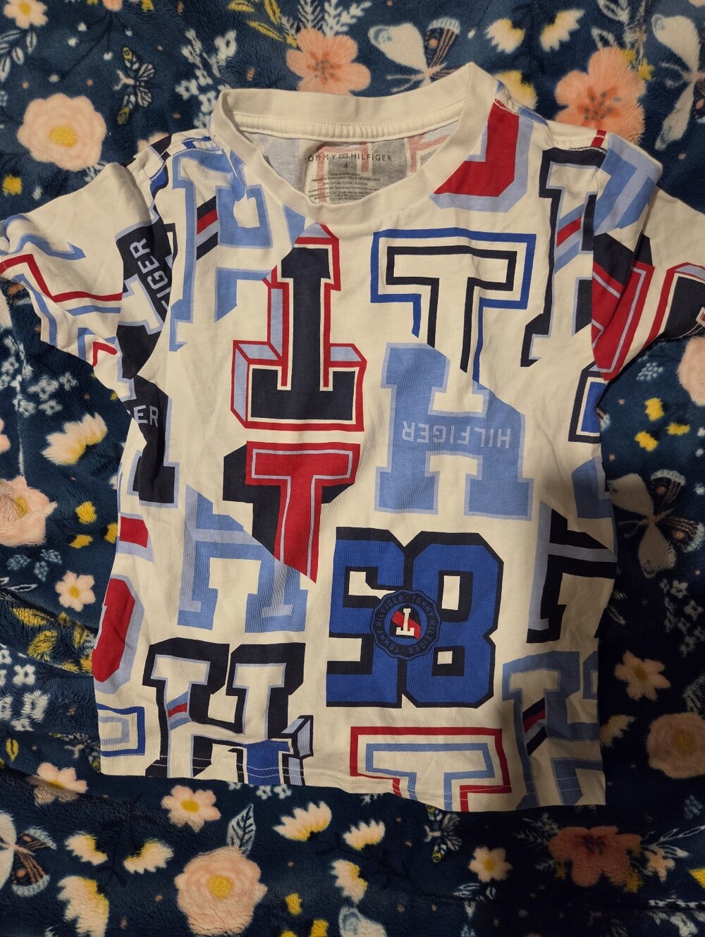 Tommy Hilfiger White Short Sleeve Logo Lettering Tee with Red & Blue Accents